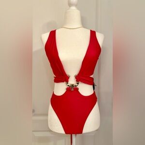 Red Gold Ring Sleeveless Belted Swimsuit